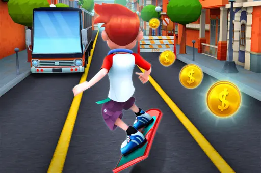 Garoto com cabelo vermelho anda de skate em uma rua movimentada, desviando de ônibus e coletando moedas douradas no jogo Bus Rush.